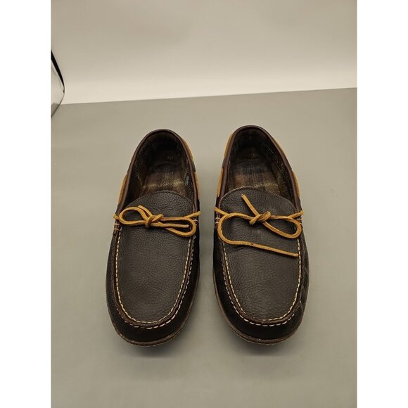 LL Bean Men's Brown Leather Slip On Flannel Lined Handsewn Slippers Size 11 M - Picture 1 of 6